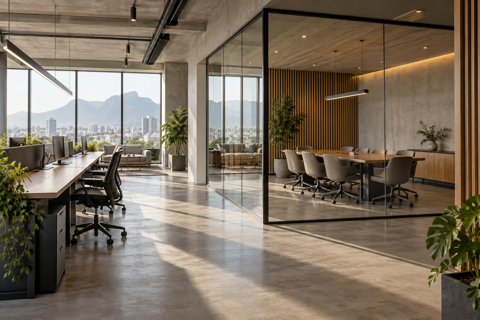 Oficina corporativa contemporánea con sala de reuniones y luz natural