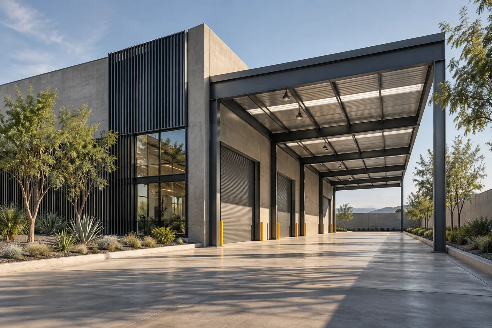 Nave industrial ligera contemporánea con estructura metálica y concreto