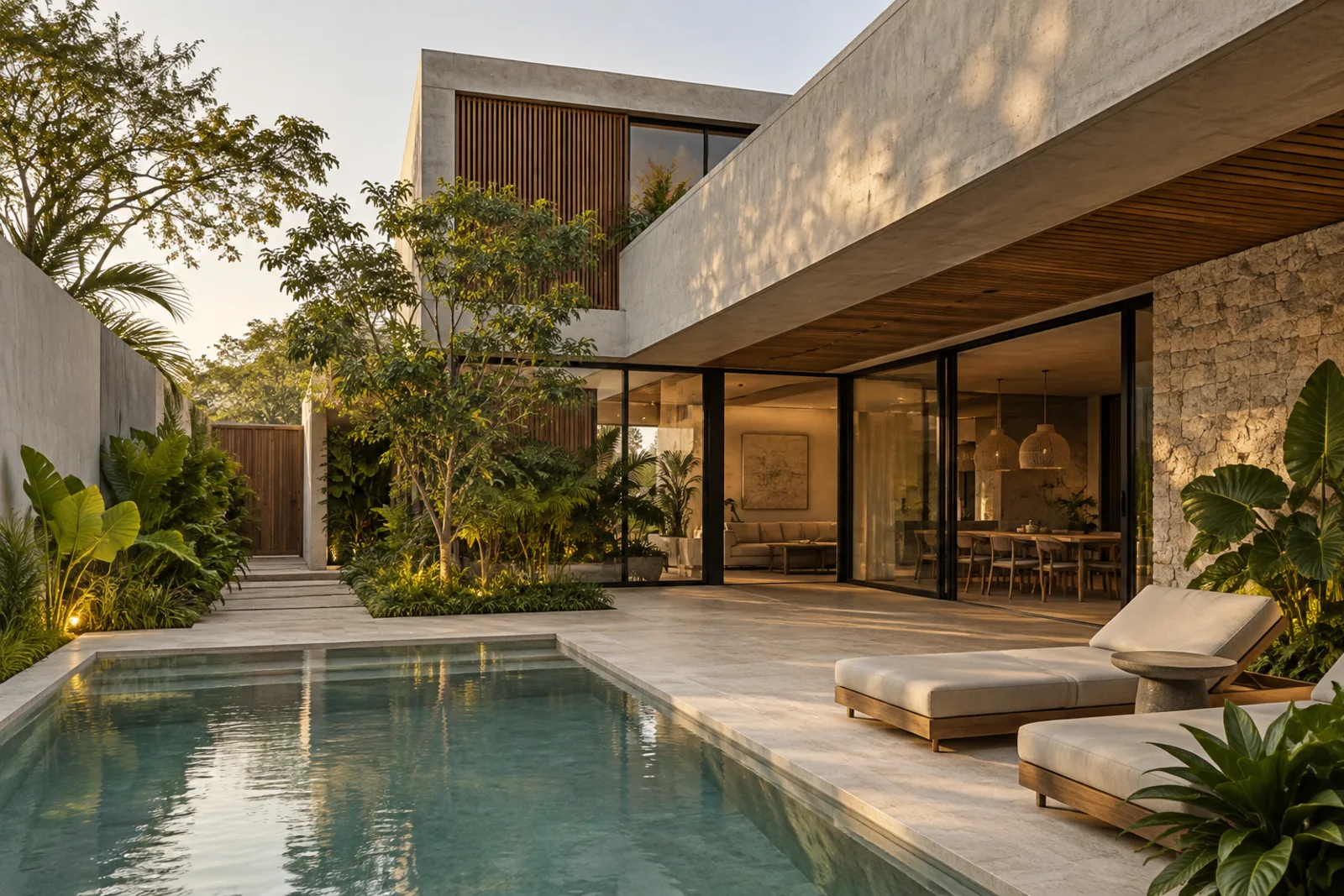 Residencia contemporánea con concreto, madera, vegetación y espacios abiertos