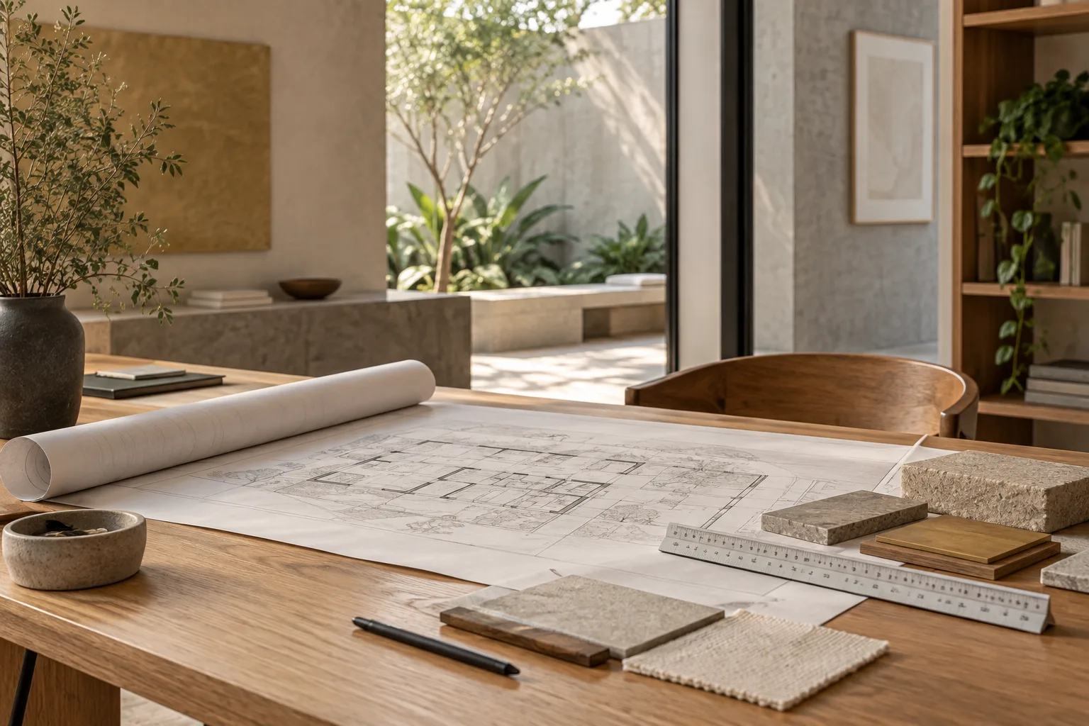 Planos arquitectónicos, muestras de materiales y regla sobre una mesa de madera