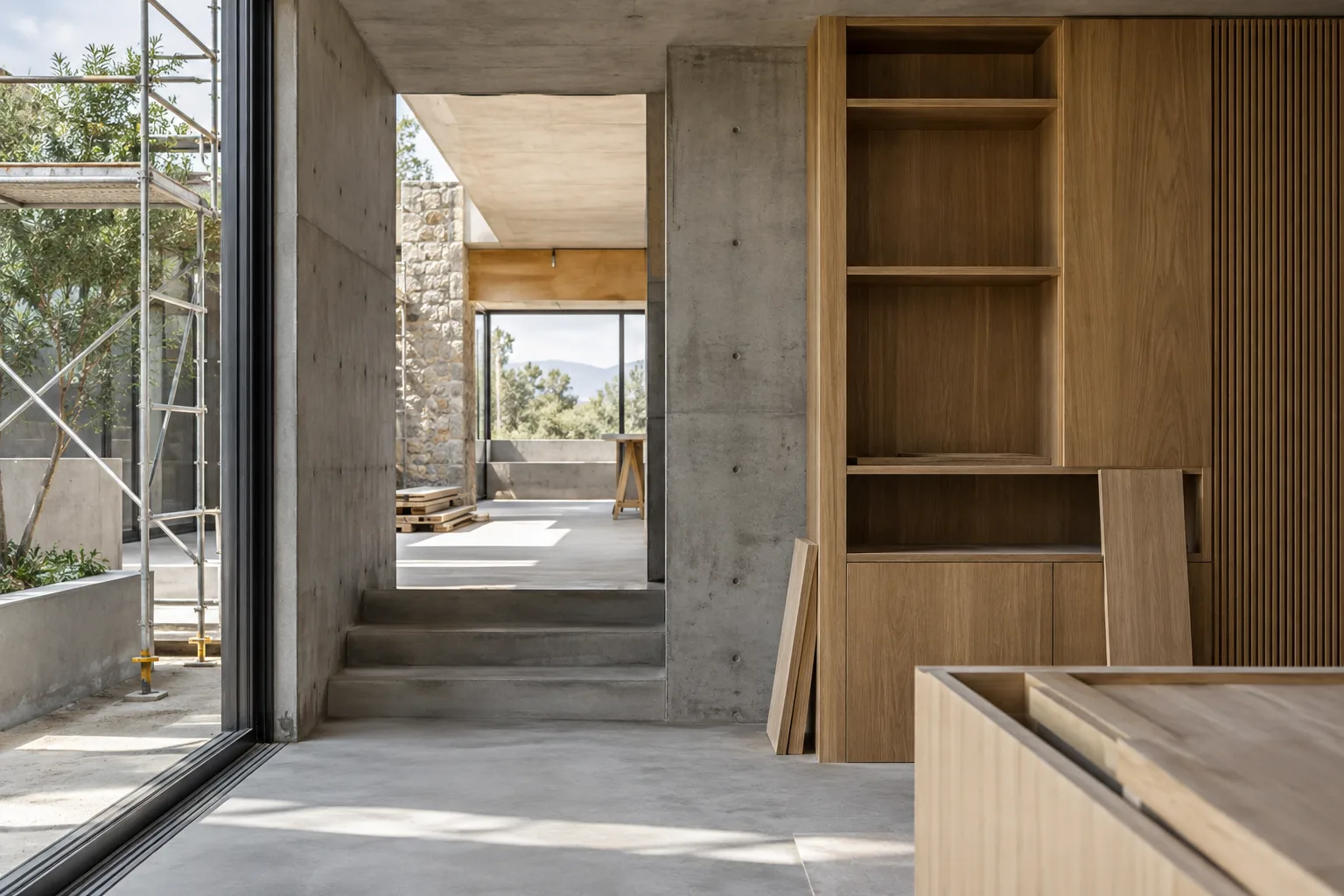 Interior contemporáneo en obra con concreto, madera y andamio