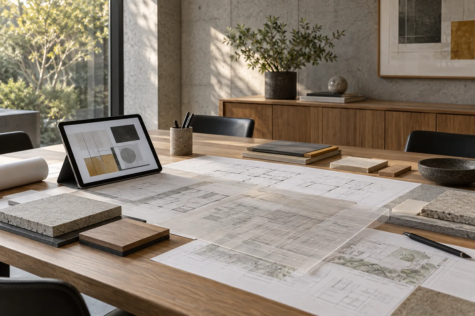 Mesa de coordinación con planos, muestras y una tableta